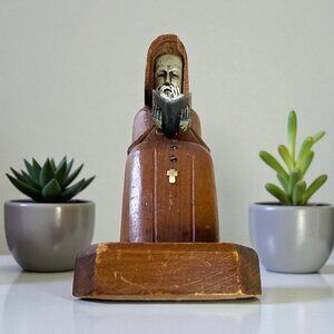 Vintage Hand Carved Wooden Monk Figurine with Rosary & Book Religious Folk Art